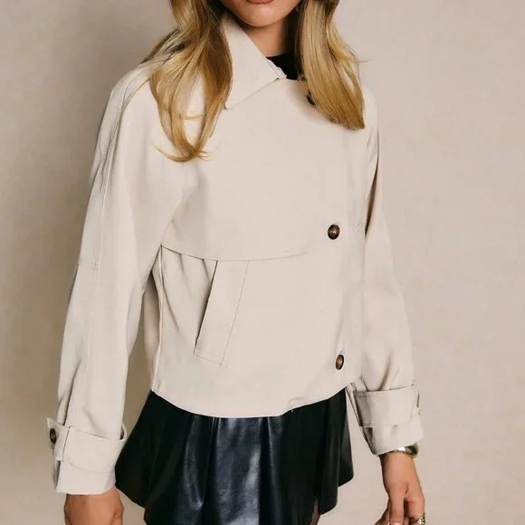 Khaki Casual Women's Minimalist Long Sleeve Trench Coat - Picture 6 of 7